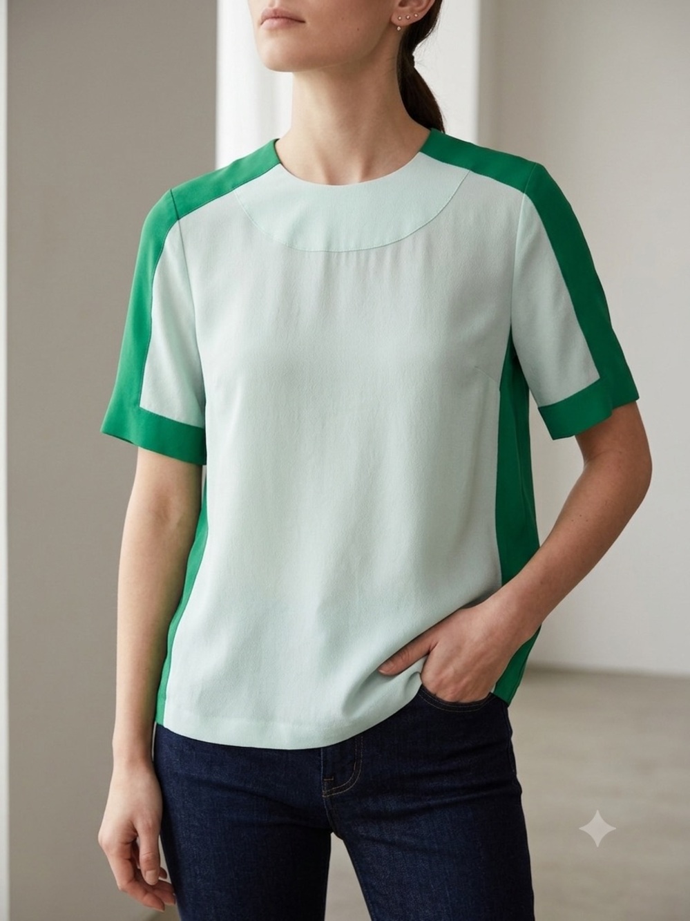 Raoul Green/Powder Blue Colorblock Silk Top N260-26